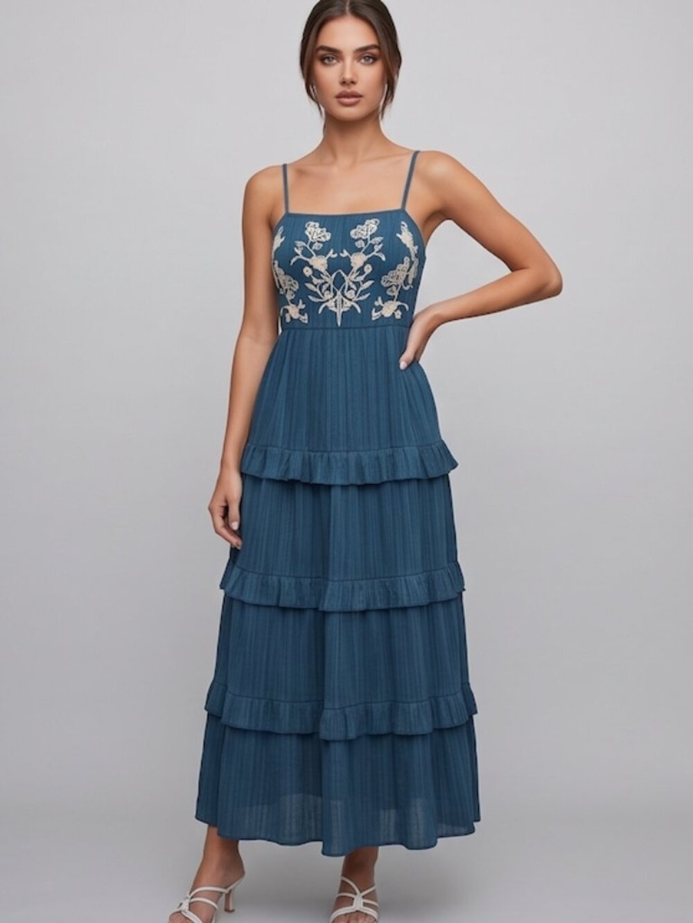 Floral Embroidered Layered Hem Cami Dress Blue